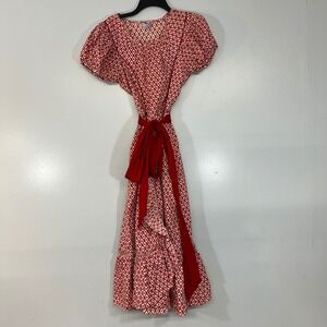 Vintage Barbette Red White Geometric Floral Ruffle Midi Dress with Sash